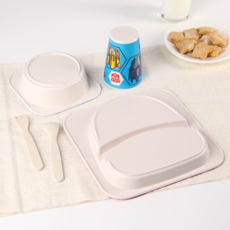 A set of children's bamboo dishes, 5 objects: plate, fork, spoon, glass, bowl, transformers-5