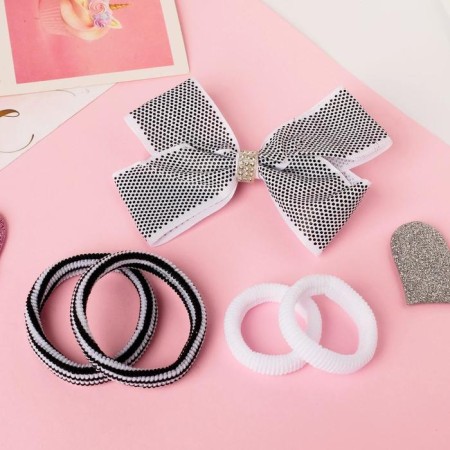 Hair set "Baby" (4 elastic bands, 1 clamp) bow point, black and white-1