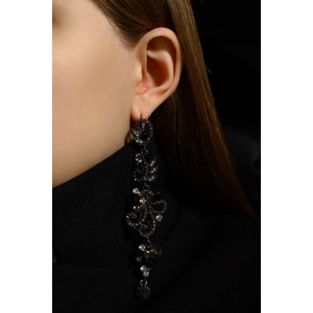 Hanging earrings with rhinestones "evening" magic, black and white color in gray metal, 10.5 cm-7