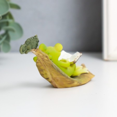 Souvenir Polystone "Frog reads a book on a leaf with chameleon" 4.6x3x12 cm-2