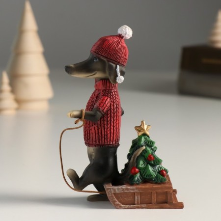 Souvenir Polystone "Dachshund in a sweater and hat is lucky a Christmas tree on a sled" 8x4x12.5 cm-3