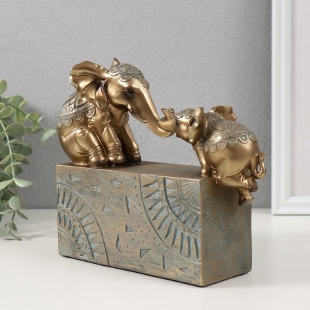 Souvenir "Elephant with a baby on a rectangle with patterns" bronze with a patina 22.5x6.5x17.5 cm-2
