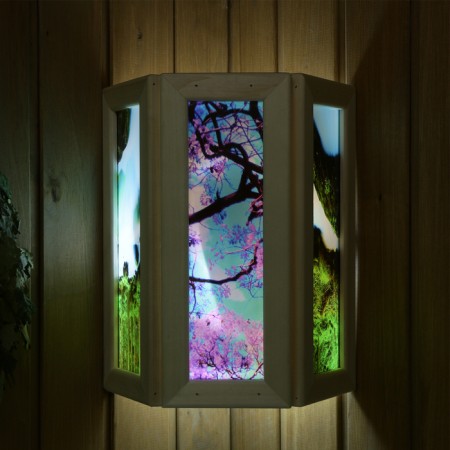 A wooden lampshade "Figure 1" with glass inserts with UV seal, small, 33x29x12cm