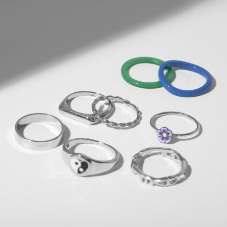 Ring set 8 pieces "Dream" yin-yang, colored with silver, size mix-2