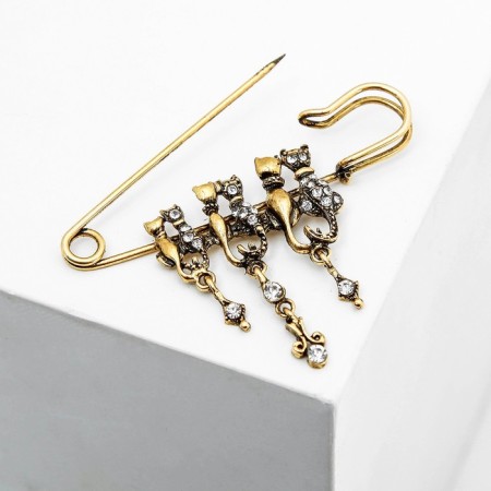 Cat Family Pins, 7 cm, white color in black gold-4