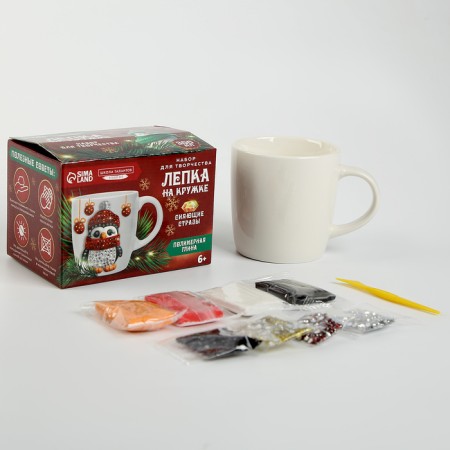 Set for decor mug with polymer clay with rhinestones “New Year! Penguin in a hat "-1