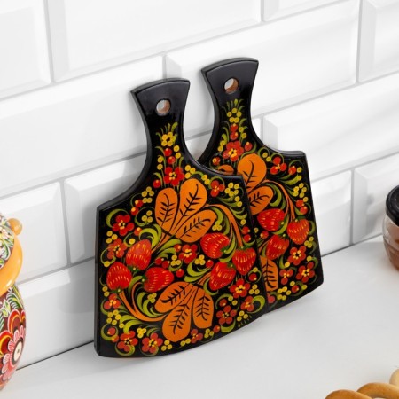 Semi -Strawberry set, 6 items: 2 boards, 3 banks, stand, Khokhloma-4