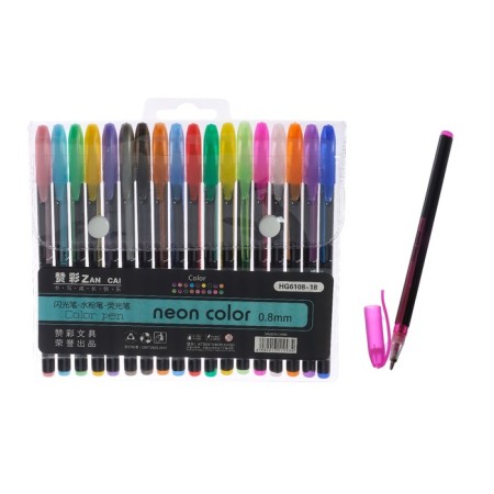 A set of gel pens, 18 colors, a body with a pattern, in a blister on a button