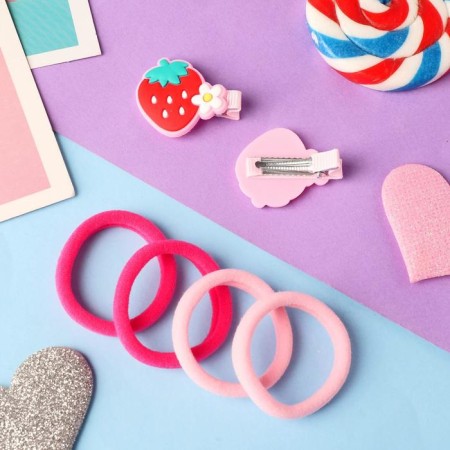 Caramel hair set (4 elastic bands, 2 clamps) strawberries, 3.5x2.5 cm, red-pink-2