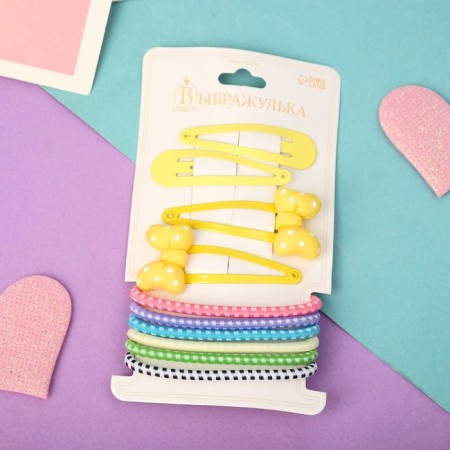 Hair Set "Olivia" (6 elastic bands, 4 invisibility 4.5 cm) yellow bow of peas