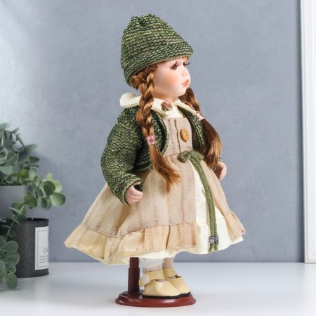 Doll Collectible Ceramics "Vasilisa in a beige dress, green jacket" 30 cm-2