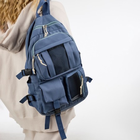 A backpack with a zipper, 3 outer pockets, blue color-5