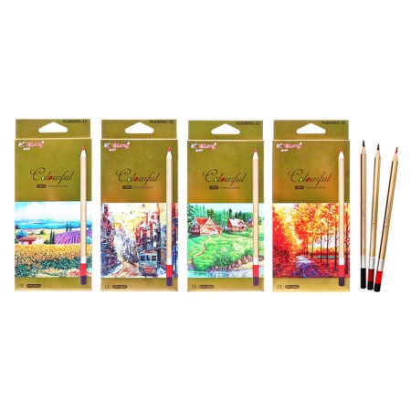 Pencils 12 colors, in a cardboard box, hexagonal, gold, wooden, landscape.