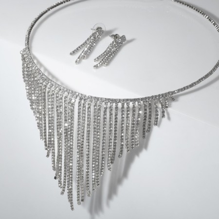 Set 2 objects: earrings, necklace "waterfall" ring, white color in silver, d = 13 cm