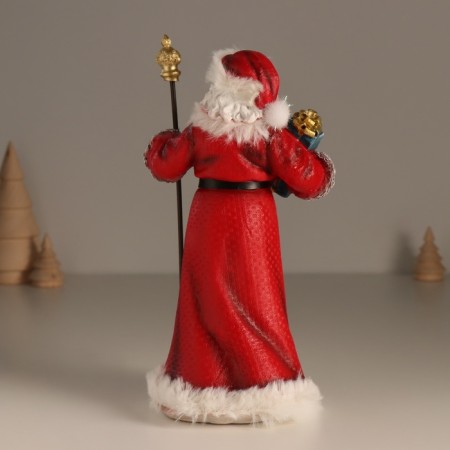 Polystone souvenir "Santa Claus in a red fur coat, with a staff, with a gift" 11.5x8.5x20.5 cm-2