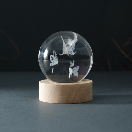 Souvenir Glass backlight "Ball. Butterfly" d = 6 cm stand wood, usb-6