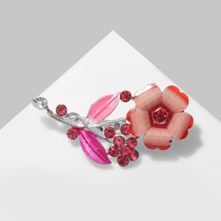 Brooch "Flower" in the weave, pink color in silver