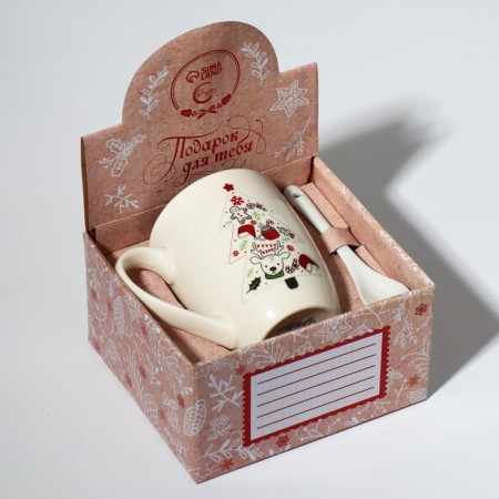 Ceramic mug with a spoon "Christmas tree", 310 ml, white color-5