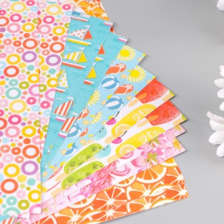 Color Washi-paper for decor "Summer", 15x15cm, self-adhesive set of 12 sheets, 6 designs-1