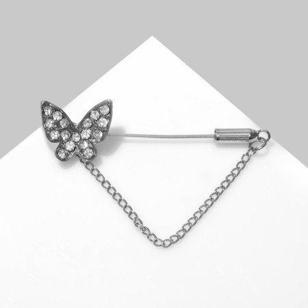 Pin "Butterfly" with a chain, 5 cm, white color in silver-3