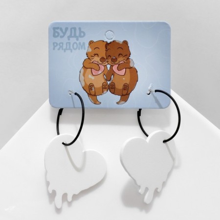 Earrings "heart", white color in black metal, D = 3 cm-1