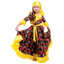 Carnival gypsy costume for a girl, yellow with a frill over the chest, p. 32, height 122 cm