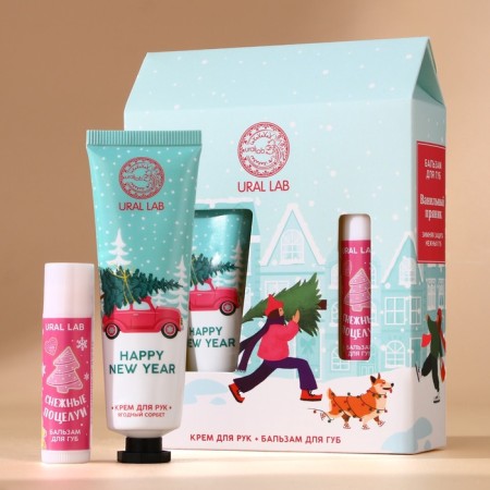 Gift set Ural Lab "Snow Kiss": hand cream 30 ml and lip balm 10 g, New Year