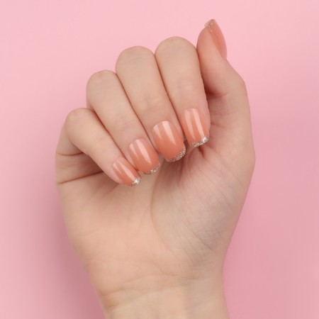 Nude overhead nails, 12 pcs, with adhesive plates, with sparkles, shape is a soft square, the color is light - beige-13