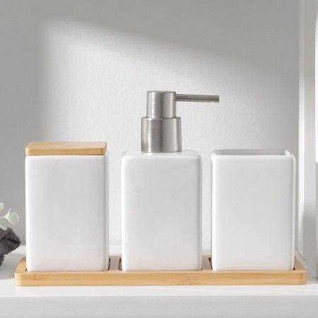 Savanna Square bathroom accessories set, 4 items (soap dispenser, 2 glasses, stand), white color