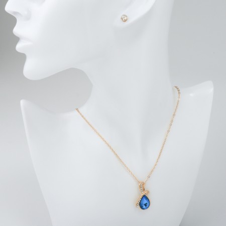 Set of 5 objects: 4 pairs fluffs, pendant “droplet”, white-blue color in gold, 40 cm-5