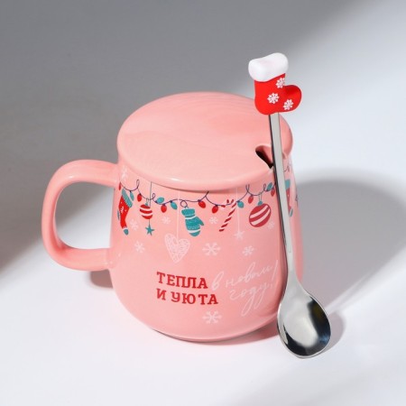 New Year! New Year's Ceramic mug with a spoon "warmth and comfort!", 350 ml, pink color-7