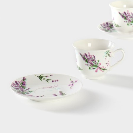 Service Porcelain Tea Daulay "Lavender", 4 items: 2 cups 220 ml, 2 saucers d = 14.2 cm, white color-3