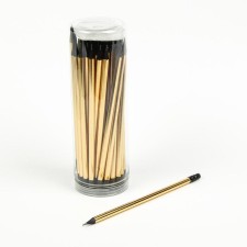 Black pencil with an eraser, hardness of HB, round, sharpened, golden body.