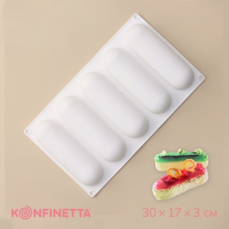 Form for mousse desserts and baking konfinetta "eclair", 30 × 17 × 3 cm, 5 cells (14.5 × 4.5 cm), white color