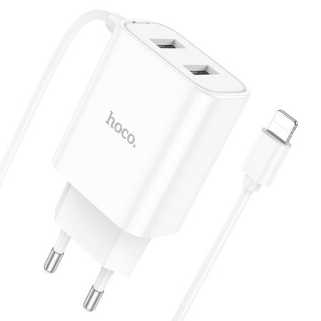 Network charger HOCO C103A, 2 USB, 2.1 A, built -in Lightning cable, 1 m, white-3