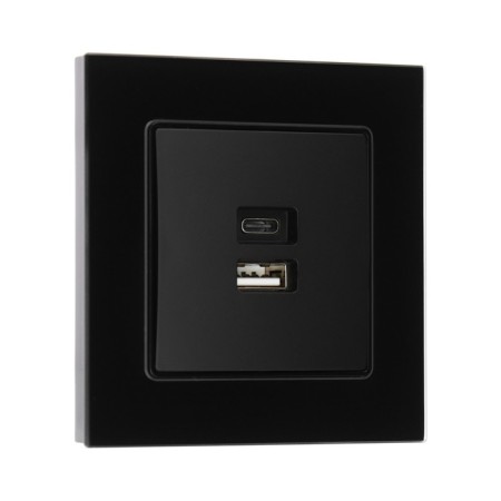 Socket with USB-A + usb-C connectors, 2.1 A, 5V, TOT GLOSSY GLASS, hidden, glass, black-1