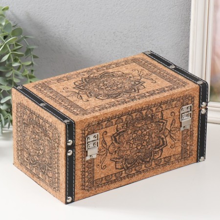 Casket wood to the leatherette under the cork "Pattern Flower Mehendi Flower" 24x14x12 cm-3