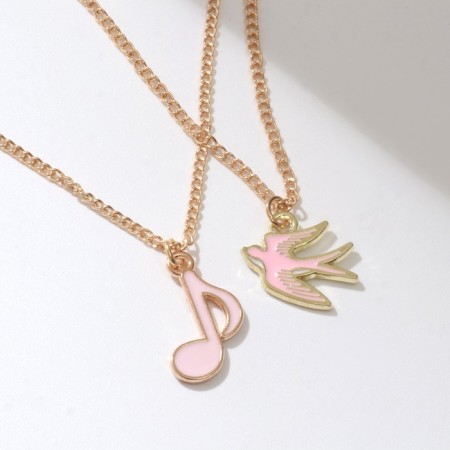 Set 2 pendants "lean" note and seagull, pink color in gold, 40 cm