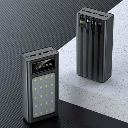 External battery 485, 10000 mAh, Type-C/Lightning/MicroUSB cables, lantern, black