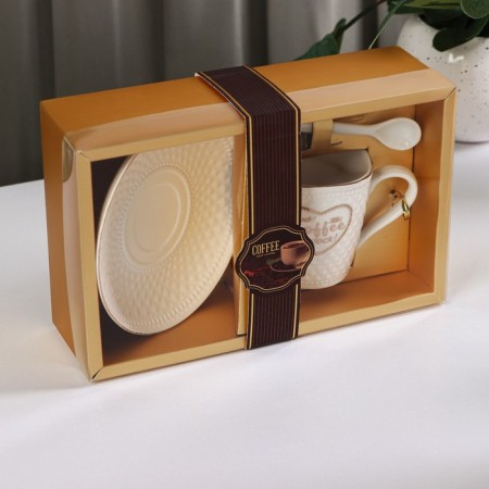 Coffee steam ceramic with a spoon of Coffee, 2 items: a mug of 190 ml, a saucer, a drawing mix-9