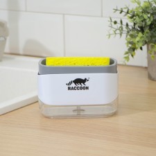 A dispenser for a detergent with a stand for the Raccoon sponge, a sponge included