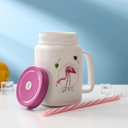 Ceramic mug with a metal lid and pipe "Flamingo", 450 ml, color mix-2