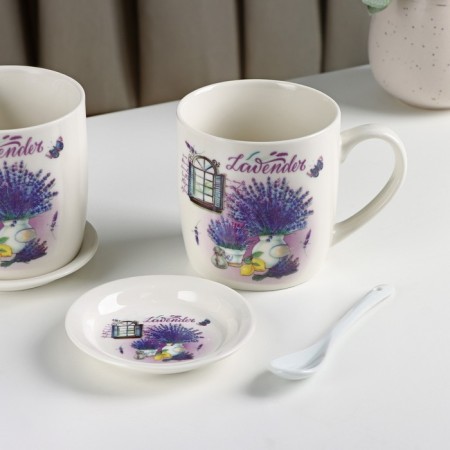 A set of ceramic mugs with spoons and stands "Lavender Bouquet", 2 items: 330 ml, Mix drawing-8