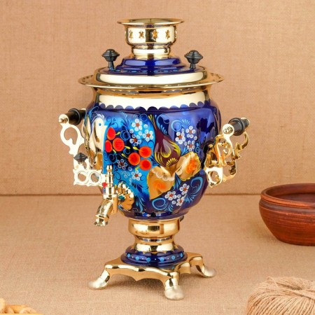 Set "Bird on the blue", sturdy, 3 objects, a samovar 3 l, a teapot 0.7 l, tray-2