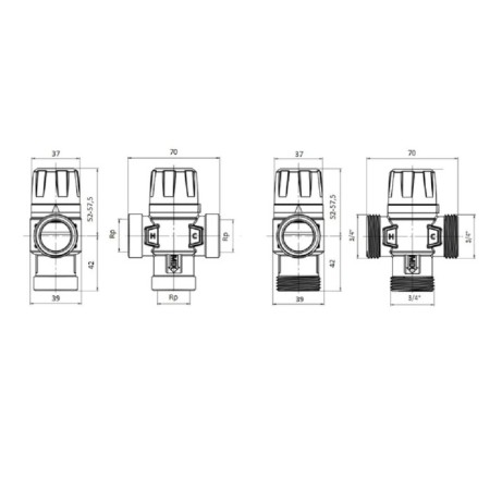 Thermostatic valve Rommer RVM-0121-164320, mixing, 3/4 ", HP, 20-43 ° C, KV 1.6-1