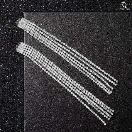 Hanging earrings with rhinestones "Waterfall" straight threads, white color in silver, 11.5 cm-1