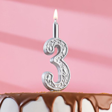 Candle for the cake the number "Silver Pattern", 10.2 cm, number "3"