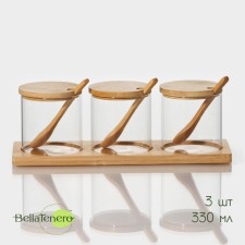 A set of glass cans for bulk products on a bamboo stand Bellatenero 