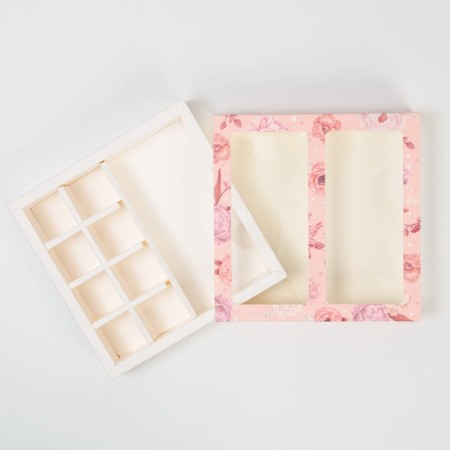 Box for 8 sweets and chocolate with cells, confectionery packaging, “pink flowers” ​​18 x 18 x 4 cm-5