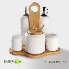 Ceramic set for spices and sauces on the bamboo stand Bellatenero, 5 items: 2 sauces 200 ml, sugar tower 360 ml, 120 ml Solonka, pistor 120 ml, white color